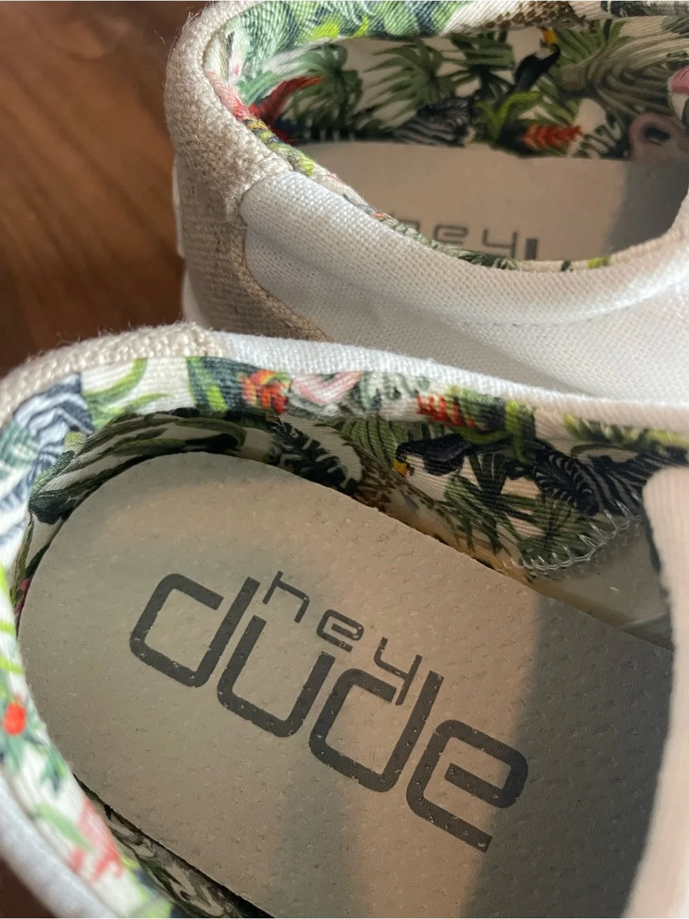 Hey Dude Women’s White Canvas Sneakers with Tropical Lining